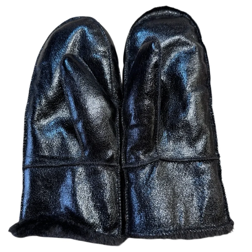 Anthropologie Mittens Shimmering Metallic Black Faux Fur lined exclusive NWOT